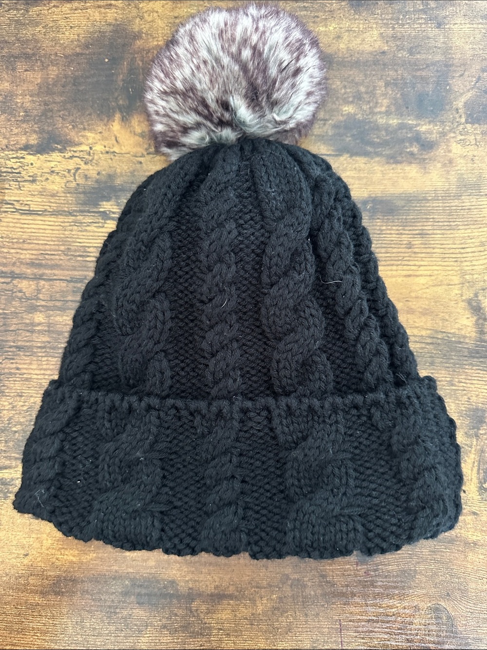 Black Cable Knit Pom Beanie - Women’s Winter Hair Accessory